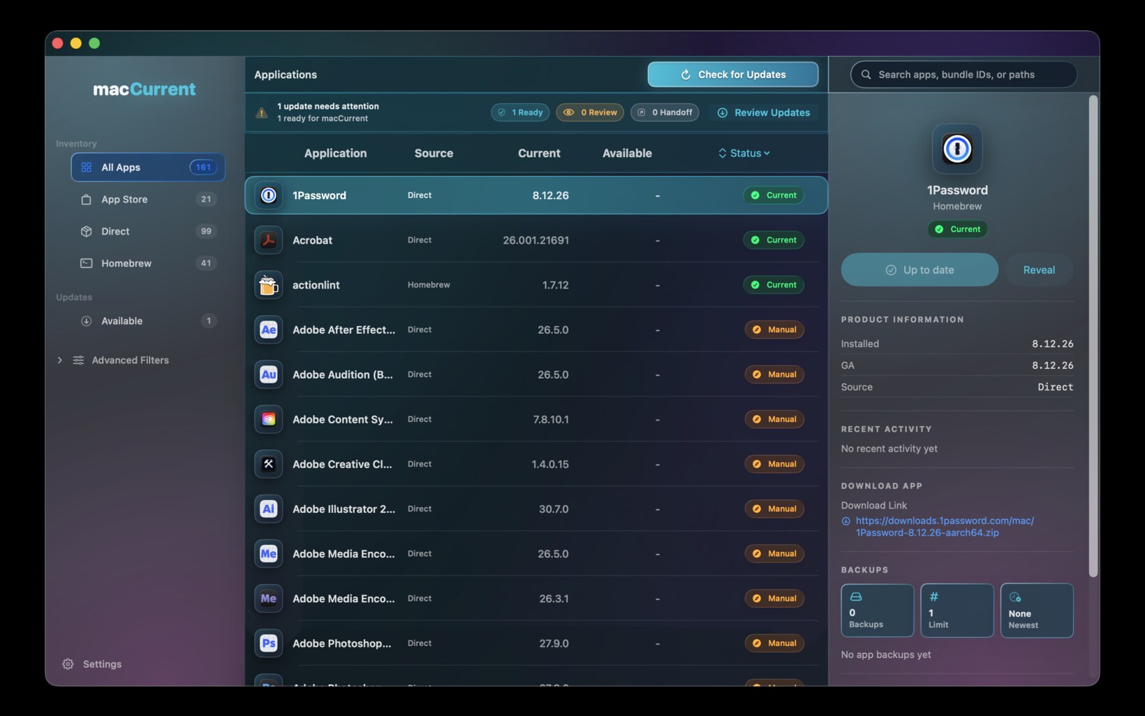 macCurrent dark mode inventory showing app sources, status, details, and backups