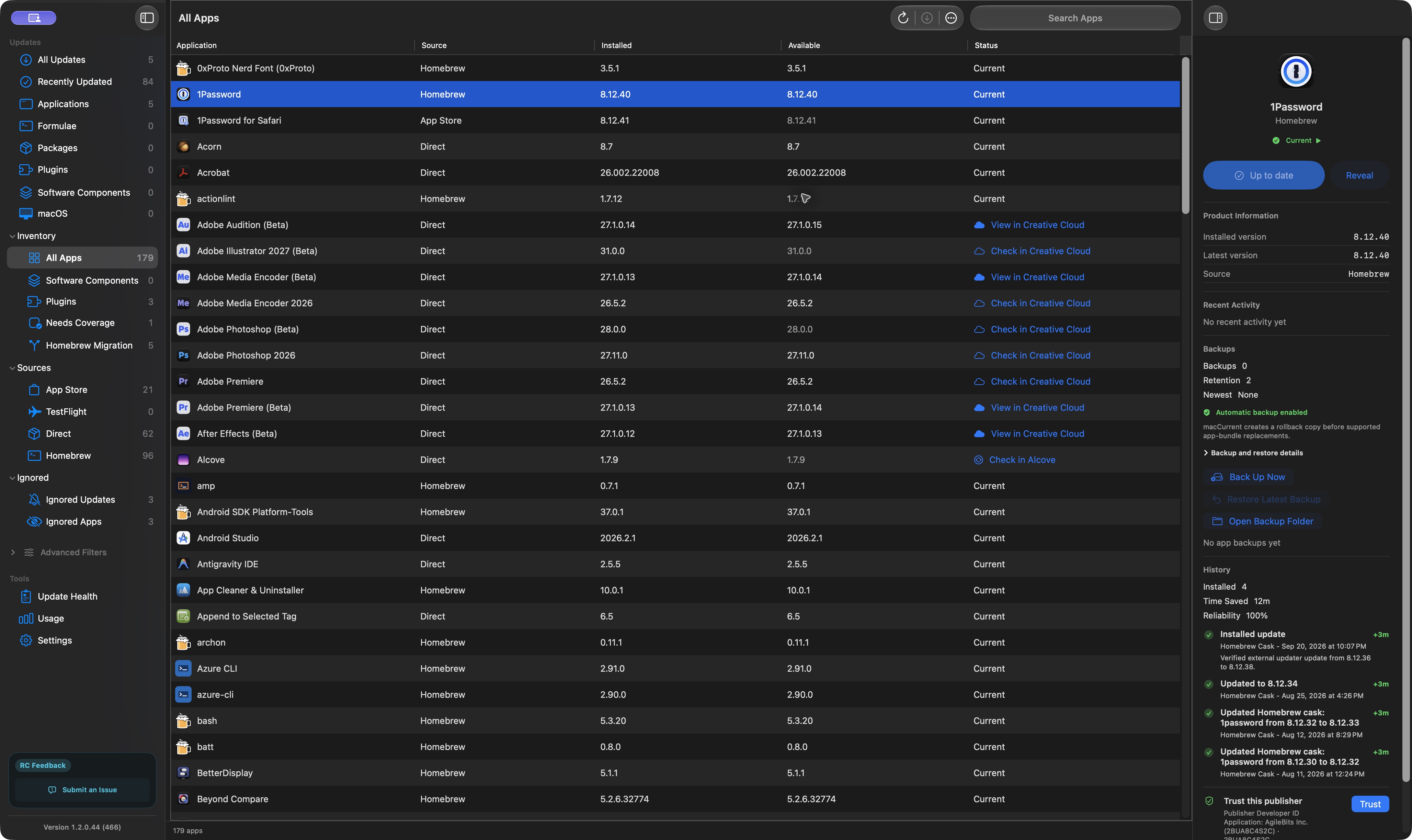 macCurrent All Apps view showing apps from Homebrew, the App Store, and developer websites, with 1Password selected