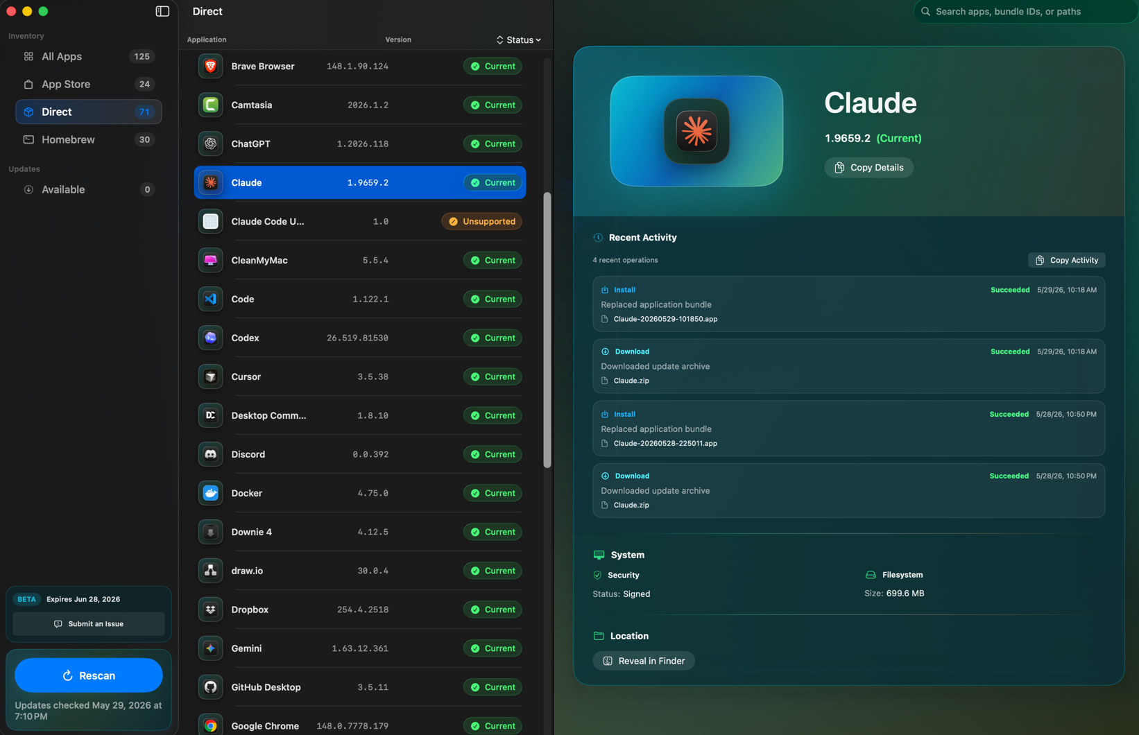 macCurrent app inventory showing direct apps, current status labels, selected app details, and recent update activity.