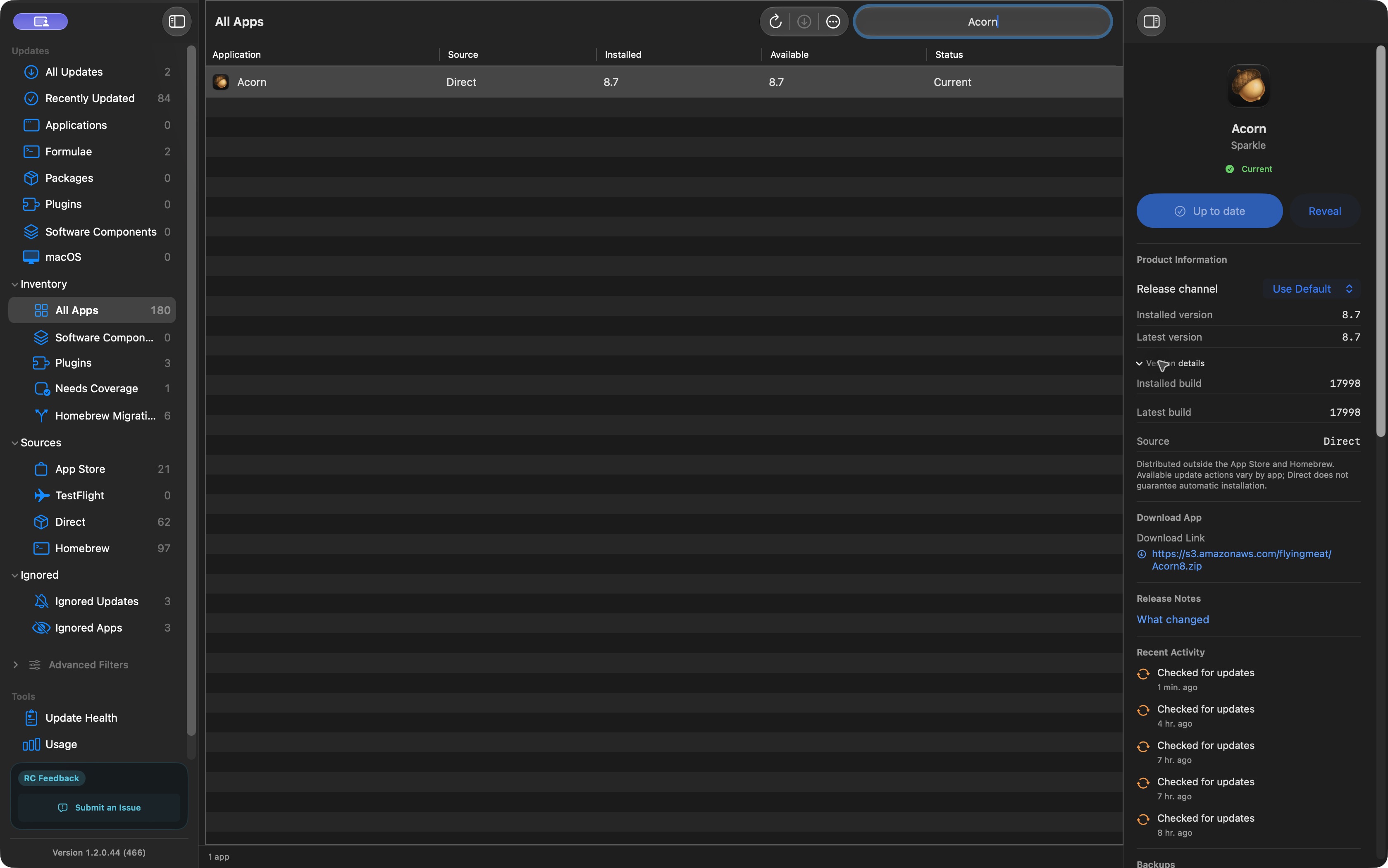 macCurrent showing Acorn as up to date after the example update, with its source and build number